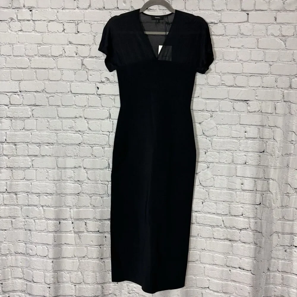 NWT Theory Kimono Illusion Fitted Dress in Black Glossed Women Size Small S LBD - Picture 5 of 16